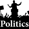 Silhouette of person addressing a crowd from podium with word Politics superimposed
