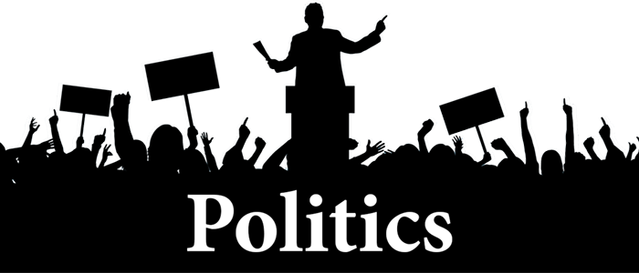 Silhouette of person addressing a crowd from podium with word Politics superimposed