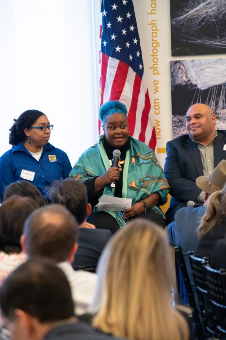 Hermina Glass-Hill, flanked by other panelists, address audience at Ocean Biodiversity Summit