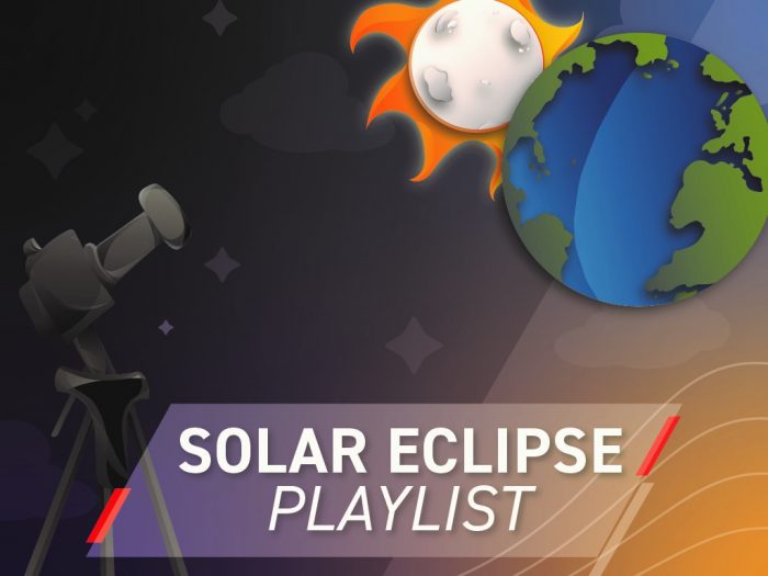 Graphic of telescope on dark background with text Solar Eclipse Playlist