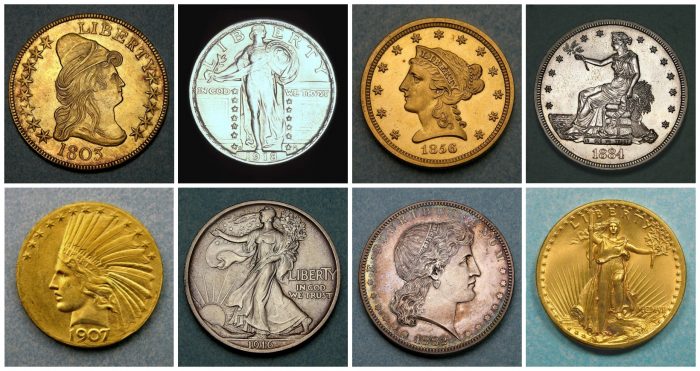 Composite photo of eight US dollar coins showing various representations of Lady Liberty