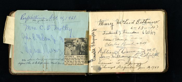 Autograph book with handwritten signatures from the 1940s