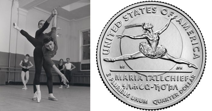 Side by side photos of dancer Maria Tallchief in studio and quarter featuring her likeness