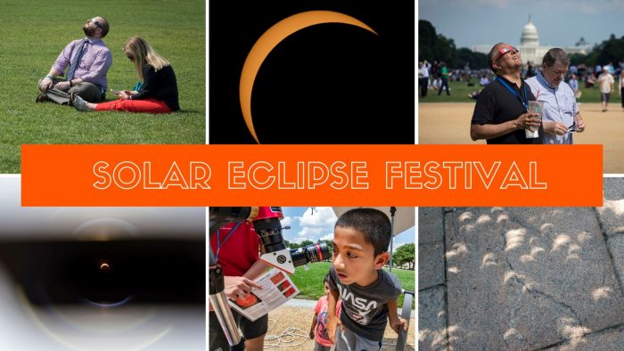 Composite photo showing visitors on the mall, solar eclipse with orange banner reading "Solar Eclipse Festival"