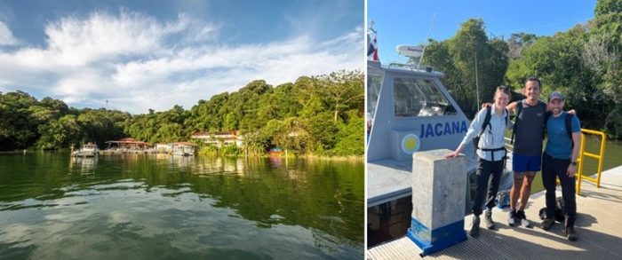 Side-by-side photos showing Sidedoor crew with staff from STRI boarding a boat