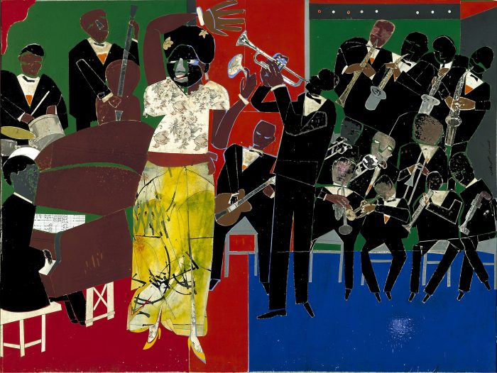 Colorful collage in red, green, black, brown, blue and yellow showing woman in yellow gown performing in front of tuxedoed jazz band