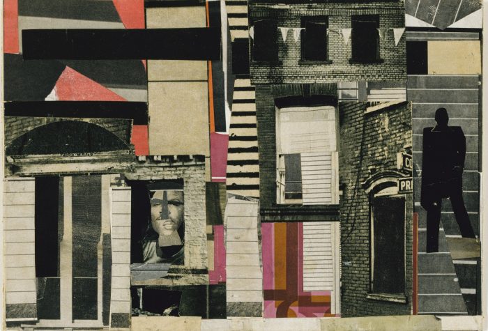 Abstract collage in shades of black, white, pink and orange showing street scene