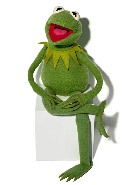 Collection photo of green Kermit the Frog muppet seated on white cube against white background