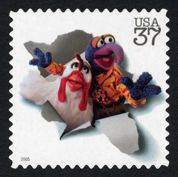 US postage stamp featuring muppet character Gonzo and chicken