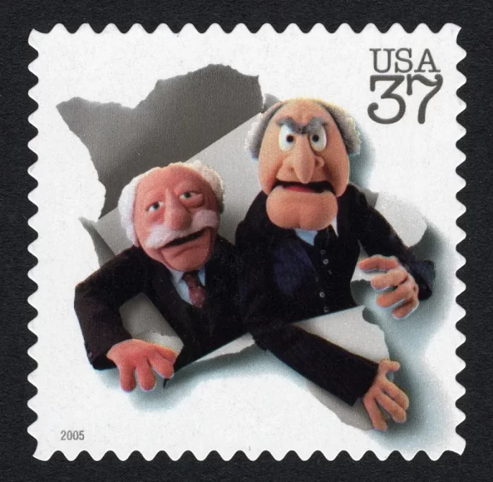 US postage stamp featuring muppet characters Statler and Waldorf