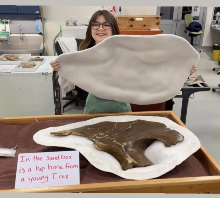 Myria lifts the top of a clamshell like package to show the fossil within. A handwritten sign says "In the sandbox is a hibone from a young TRex"