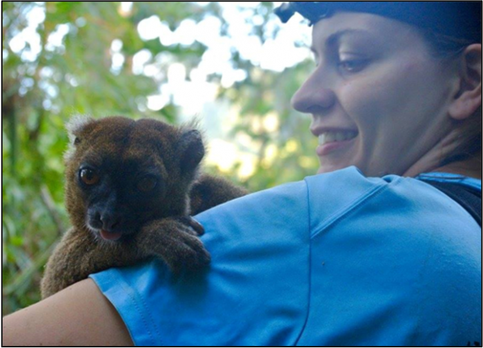 Close-up of Missy Hawkins holding a greater bamboo lemur who is looking at the camera