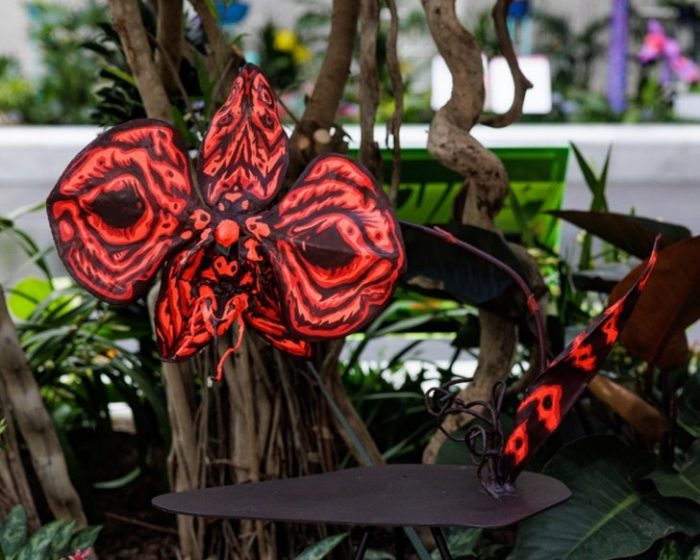 A red and black model of an orchid bloom