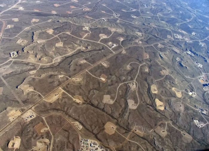 Aerial view of a fracking field