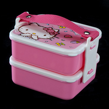 Pink plastic bento lunch box with Hello Kitty logo