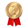 Computer generated image of gold medal with red ribbon