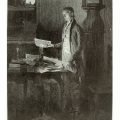 Engraving showing candlelit Thomas Jefferson standing at his desk among piles of discarded and crumpled papers