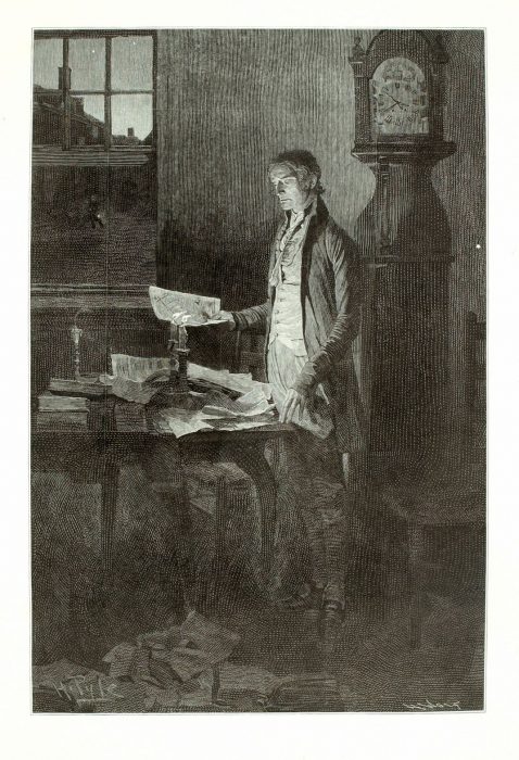 Engraving showing candlelit Thomas Jefferson standing at his desk among piles of discarded and crumpled papers