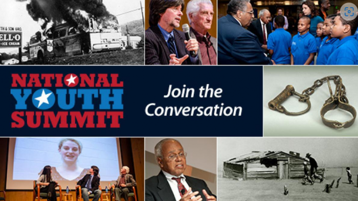 Banner for National Youth Summit featuring composite of artifacts and attendees