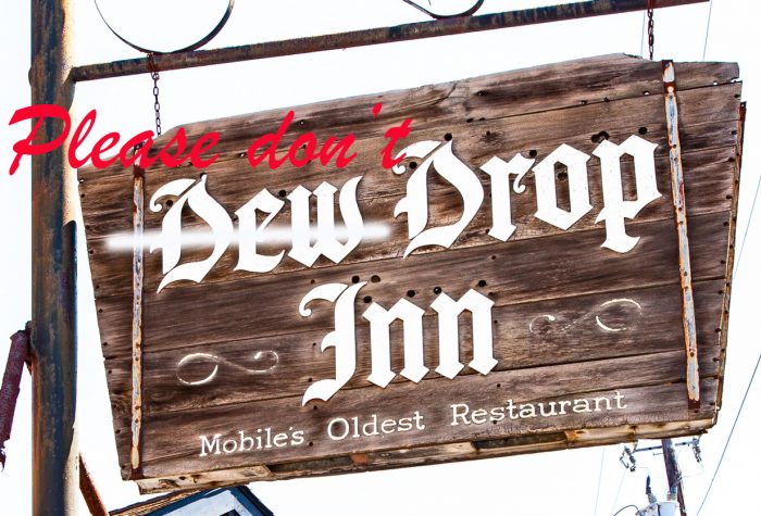 Dew Drop Inn sign with Dew crossed out and replaced with Please don't