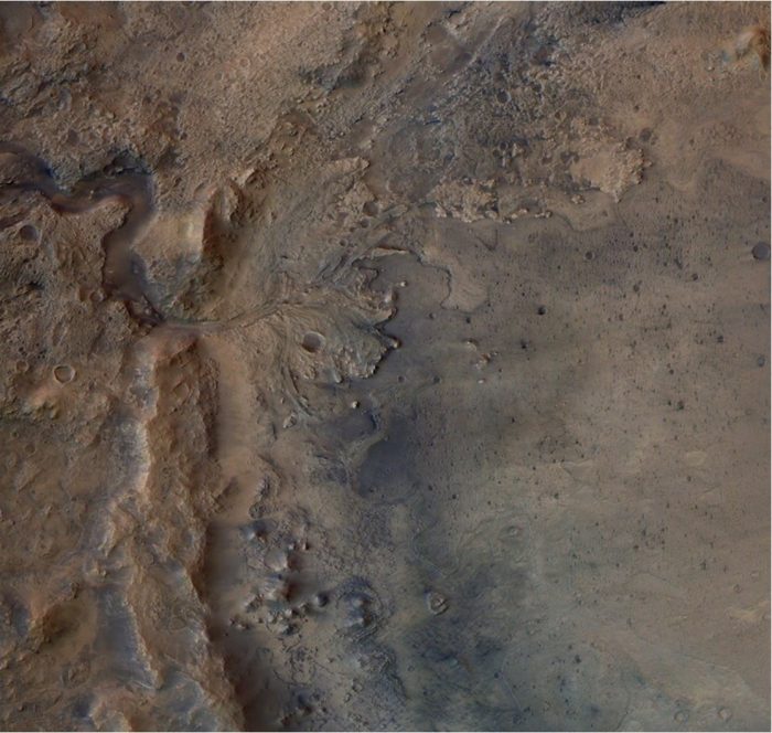 Perseverence Rover image of crater on the surface of Mars