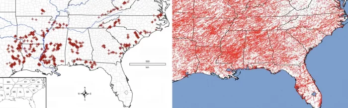 Side-by-side comparison of two maps of the southeastern United States