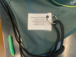 Close up of Sensory Kit contents label on canvas bag