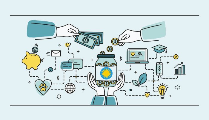 Fundraising graphic showing hands distributing funds from many sources into jar with Smithsonian label