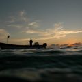 Sunset shot of boat on the water at Carrie Bow Key