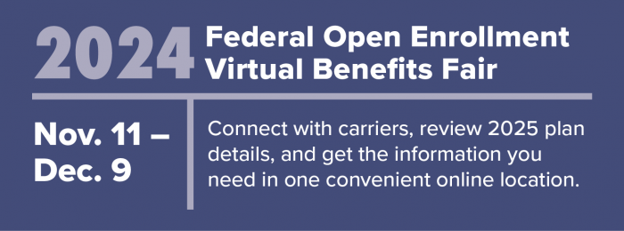 Blue banner promoting 2024 Federal Open Enrollment Virtusal Benefits Fair