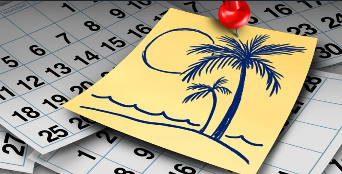 Graphic showing ppost-it note with drawing of tropical island pinned to calendar pages