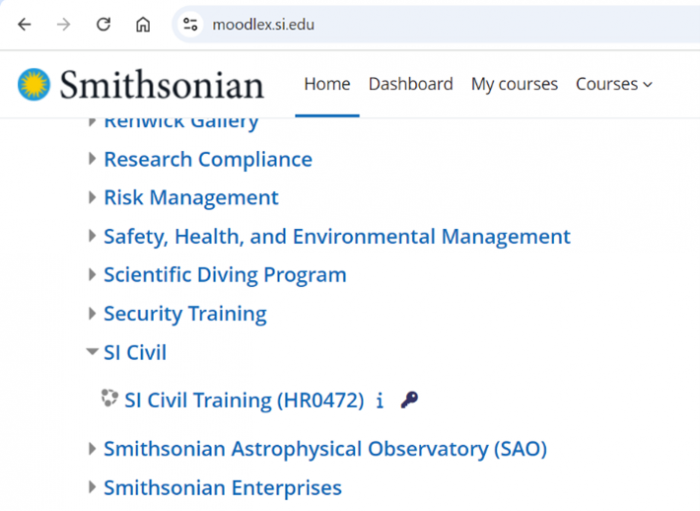 Screenshot from Moodle showing list of training
