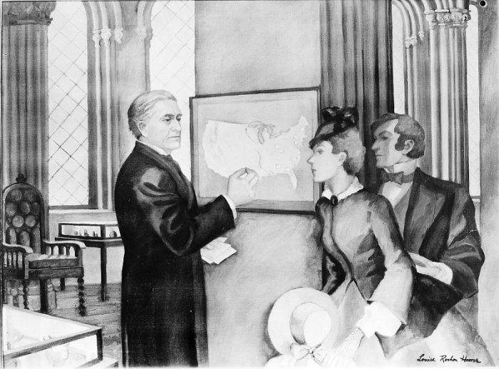 Monochrome watercolor of Joseph Henry showing a weather map to a man and a woman