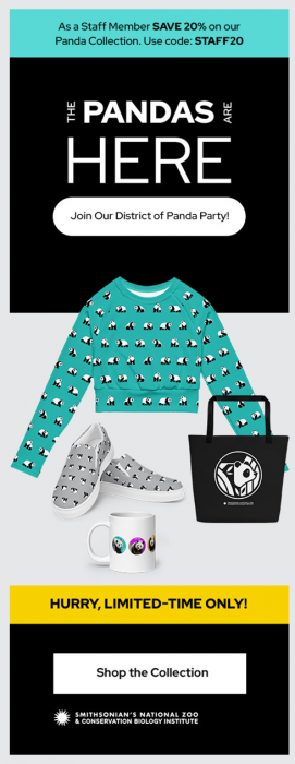 Graphic banner for "The Pandas are Here merchandise promotion