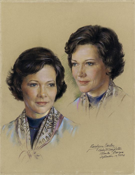 Pastel portrait of Rosalyn Carter head on and in profile