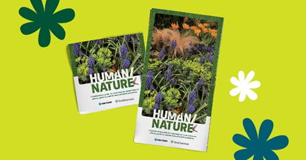 Covers of Human/Nature booklets on Green background with pop art flowers
