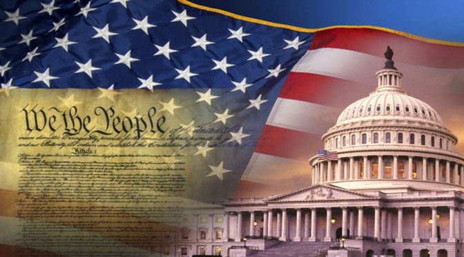 Collage of American flag, US Constitution, US Capitol Building
