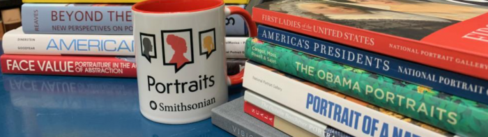 Banner featuring stacked art books a mug with "Portraits" podcast logo
