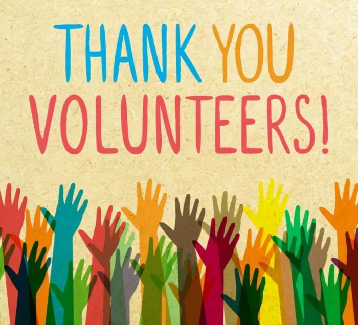 Graphic showing raised hands in many colors, text Thank You Volunteers