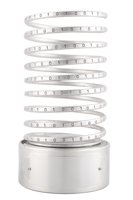 Award shaped like a metal spring etched with binary code