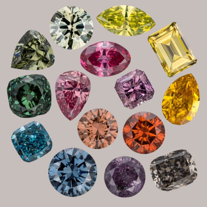 Cut diamonds of different colors arranged in a spiral shape