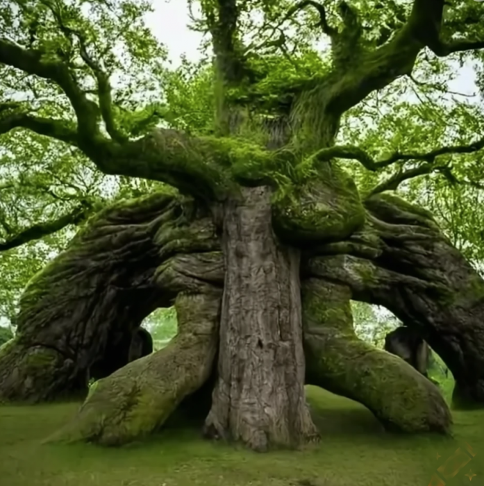 Massive oak covered with moss with standing stone