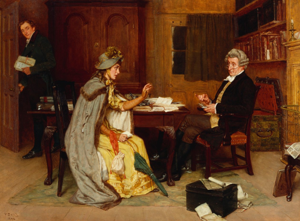 Painting of a Victorian-era woman consulting a bewigged man while a clerk carries papers in the bvackground